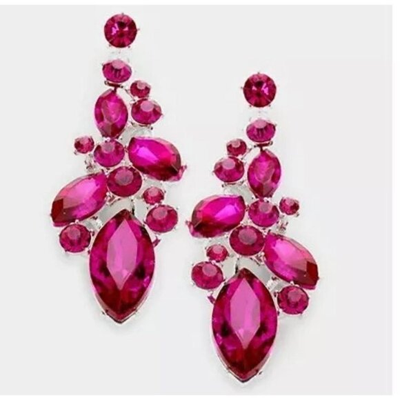 Fuchsia silver crystal magenta hot pink rhinestone earrings pink pageant pierced - Picture 1 of 3